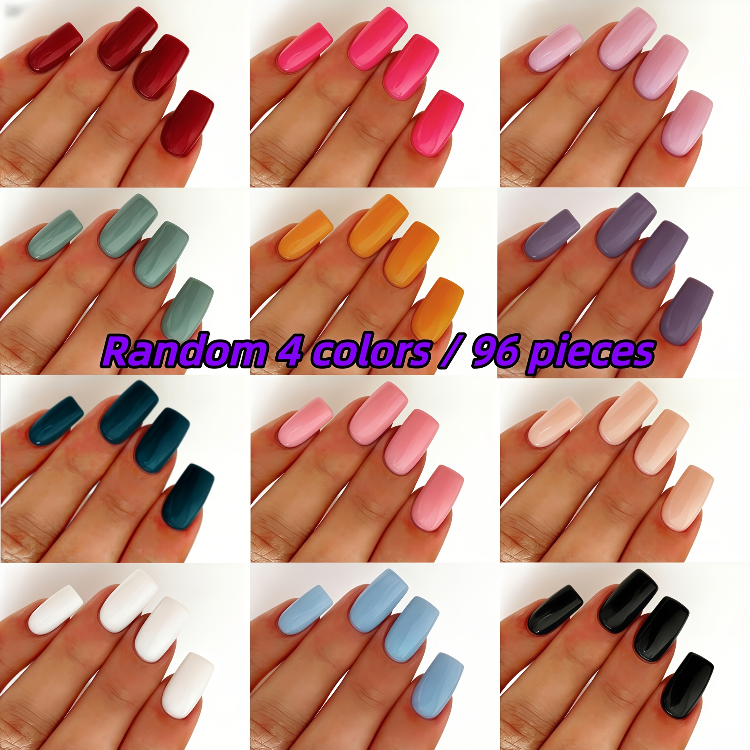 TEMU 96pcs Random Four-color Exquisite Medium-length Square Press-on Nails, Simple And Skin, Multiple Colors For -and-match, Essential For Women And