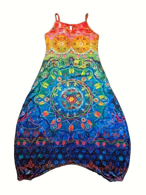 vintage colorful printed spaghetti strap overalls pants comfortable and casual