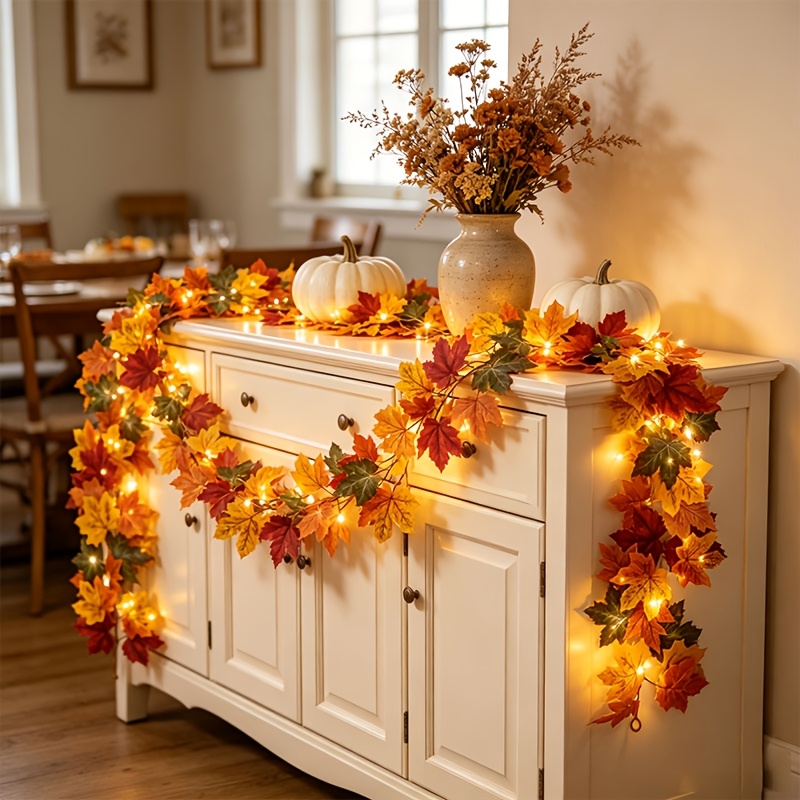 fall maple leaf garland with lights artificial autumn leaf vine thanksgiving halloween hanging garland for home wedding party decor christmas