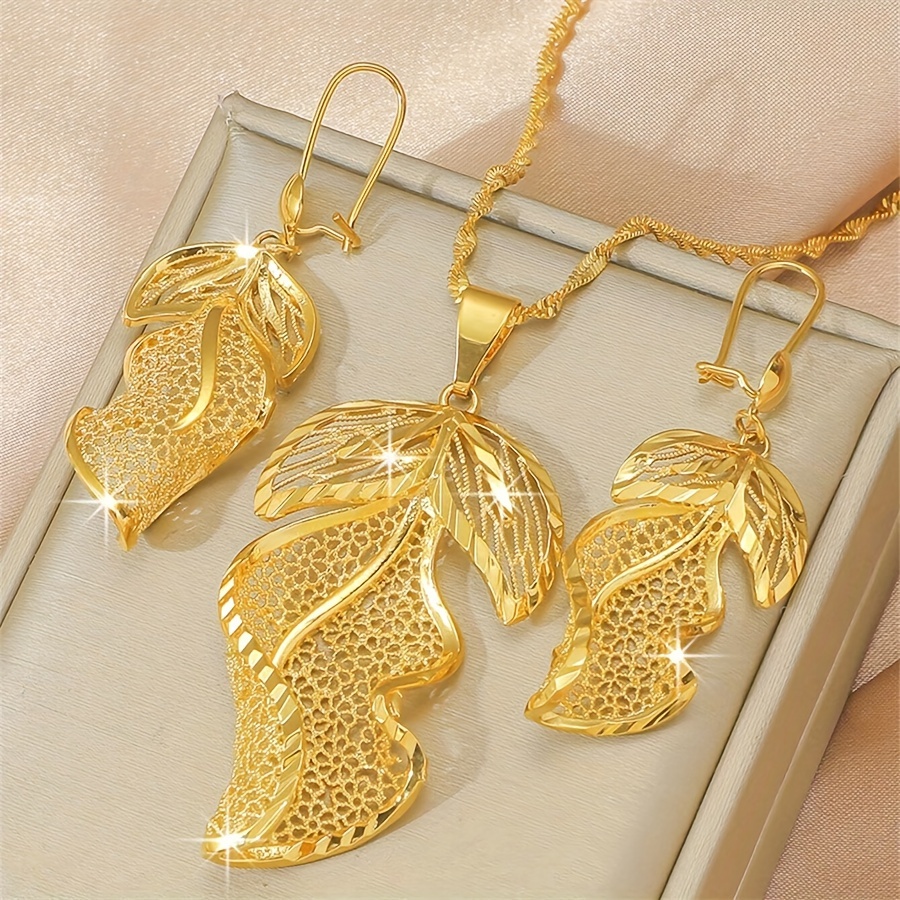 TEMU 2pcs/set Hollow Leaf Jewelry Earrings Necklace Bridal Wedding Jewelry Set