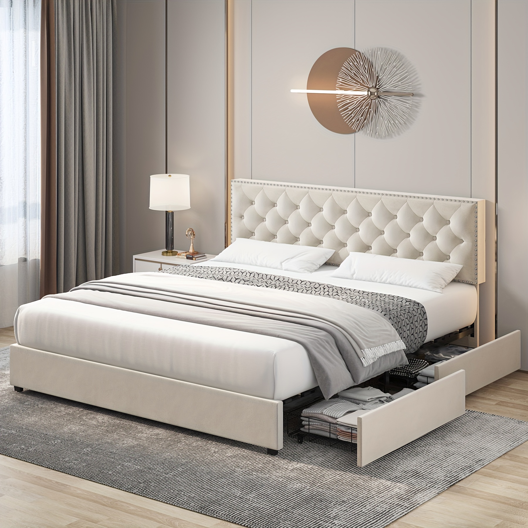 

Fultru Modern Upholstered Platform Bed With Adjustable Headboard, Button Tufted Bed Frame With Wood Slat Support, Spring Needed