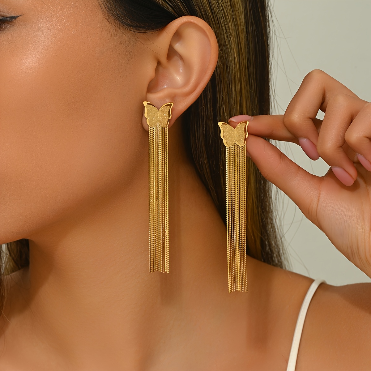 TEMU Pendientes elegantes de joyería de moda de capa con borlas largas y mate, pendientes de espiga con borlas de chapados en acero inoxidable y oro