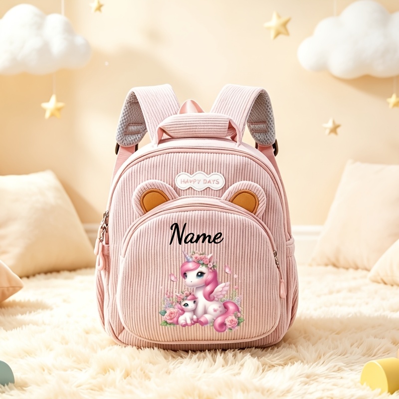 TEMU A Customizable Unicorn-themed Backpack With Bear Ears And A Printable Pattern. Choose From 3 Floral Unicorn Designs, Your , And Add A Self- Name