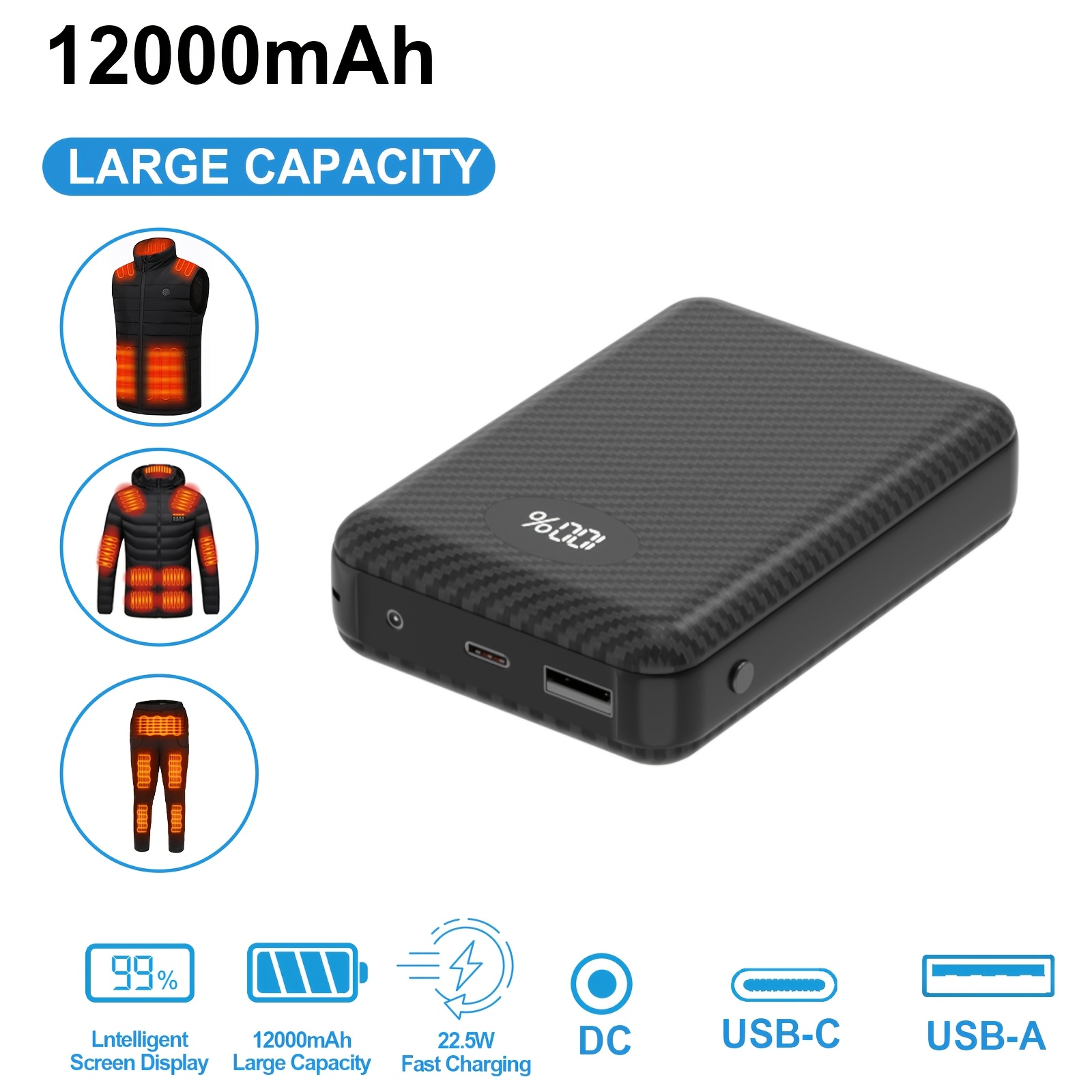 

12000mah Battery Pack For Vest- 22.5w Fast Charging Power Bank With Led Display And Dc7.4v For Jacket, Hoodie And Pants, Compatible With /15/14/13/12/11 Pro/pro Max, Ipad, Samsung, Tablet And More