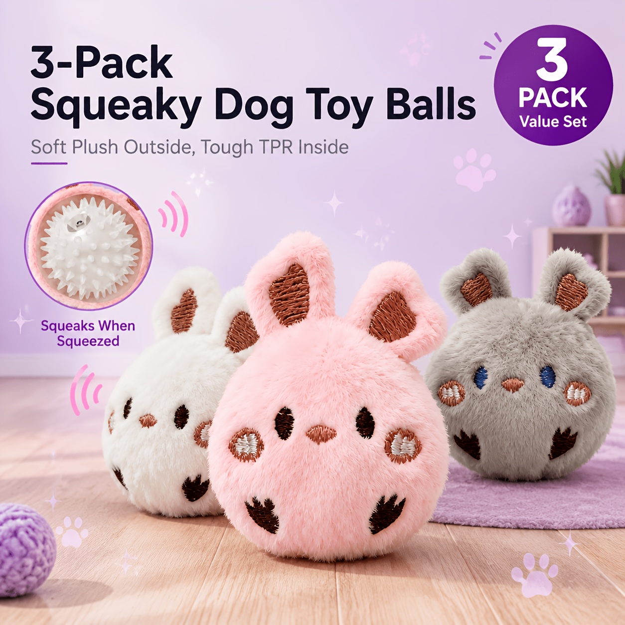 TEMU 3-pack Pet Interactive Bouncing Sound Toys, Play And Entertainment For Dogs And Cats, Sound- Toys, Chew-resistant Material, Slow-rebound Pet