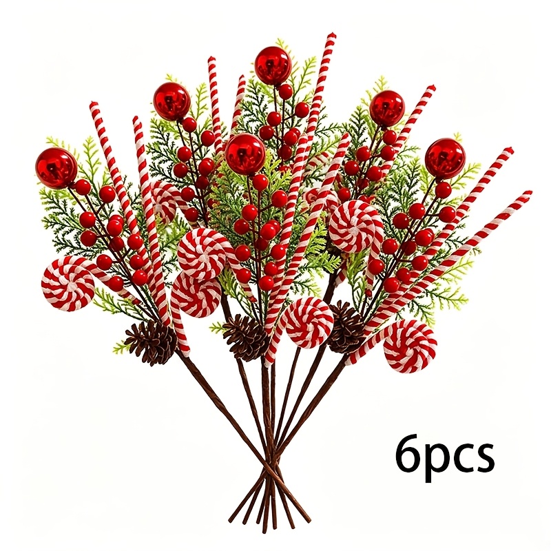 TEMU 1/6pcs Set Of Christmas , Lifelike Pine Cones, With Plush Lollipop Canes, Christmas Red Berries, Christmas Tree Wreaths, Flower Arrangements For