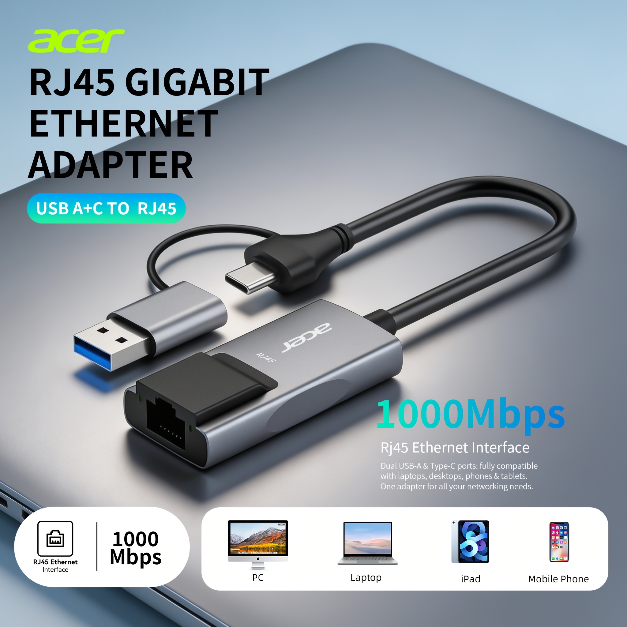 TEMU Acer Usb C/a To Rj45 Gigabit Ethernet Adapter, 1000mbps Wired Lan Network Adapter, Dual-connector Usb 3.0 Network Card For Laptop, , , Pc,