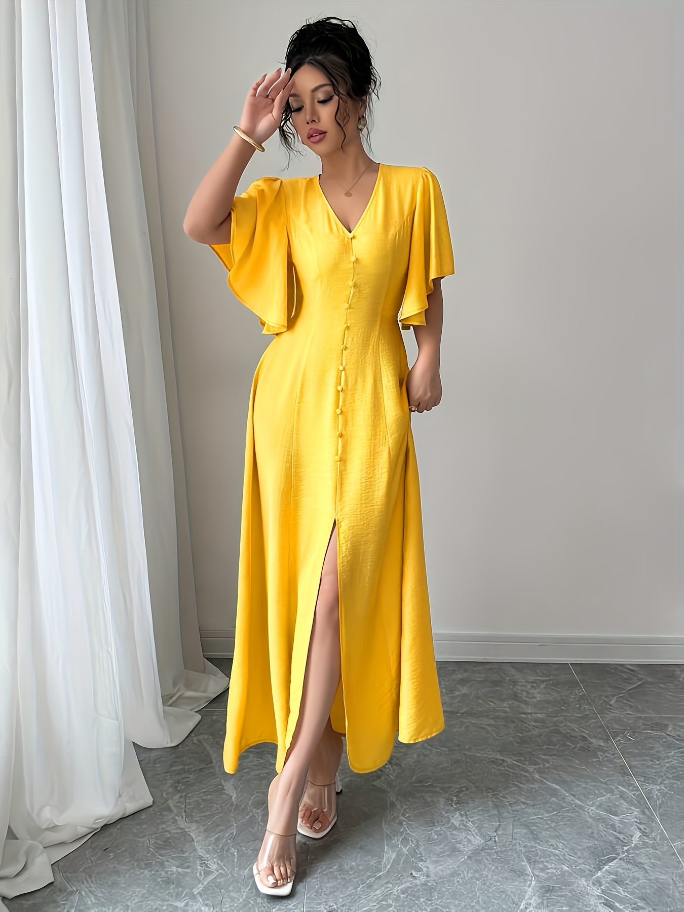 chinese dress ladies Yellow And White Polka Dot Dress – Long Sleeve Midi Dress with Pockets –  YVDdesign main image 0