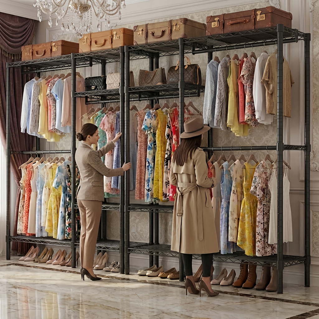 Image of Portable & Detachable Heavy Duty Metal Garment Rack, Large Capacity Metal Clothing Rack, Freestanding Closet Organizer With 12 Shelves, 1560 Lbs Load Wardrobe Closet For Family Bedroom Display, Black