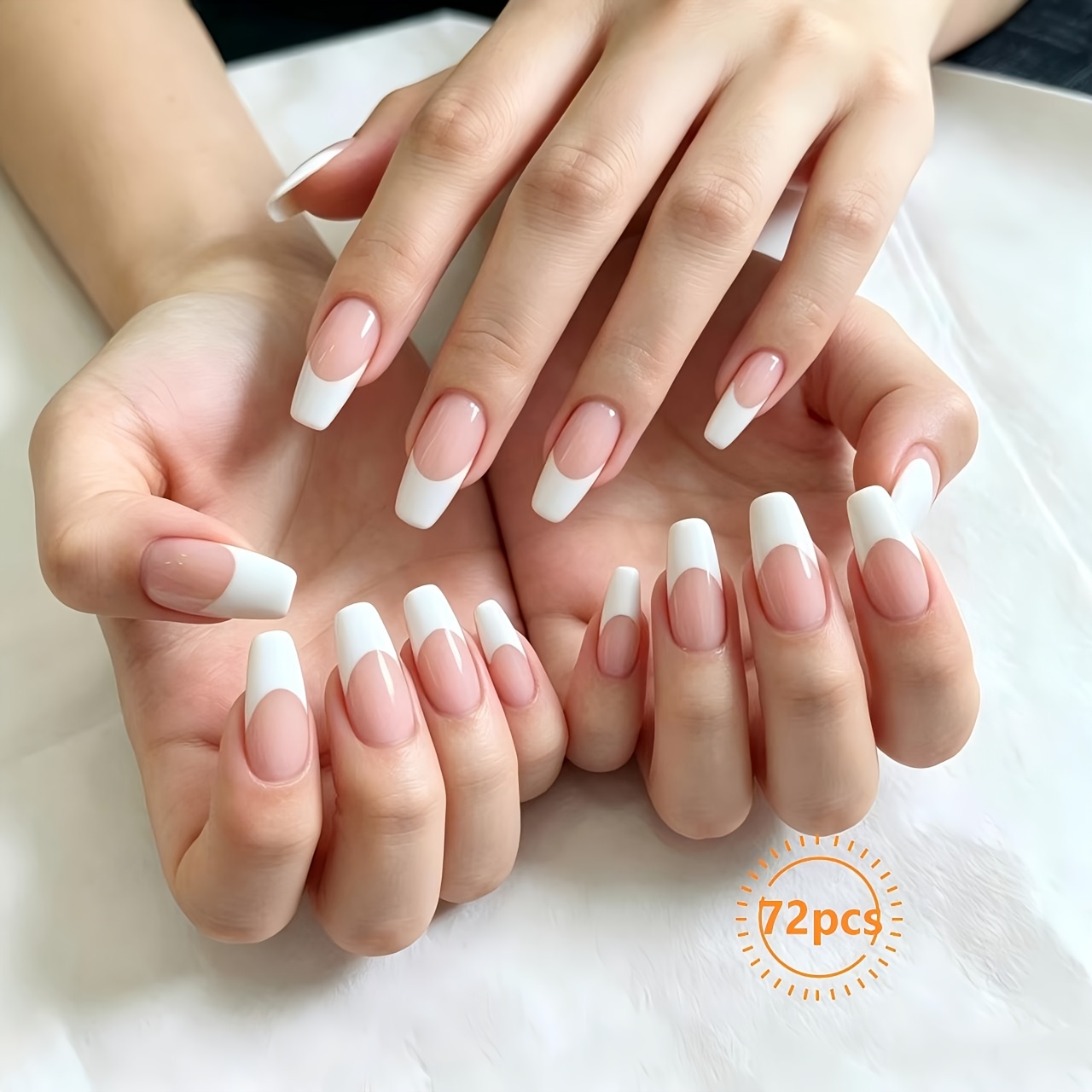 TEMU 72pcs Faux Ongles Press-on de Style Français pour Femme, Adaptés et aux Fêtes, Ongles Artificiels Trapézoïdaux Mi-Longs à Pointe Blanche avec