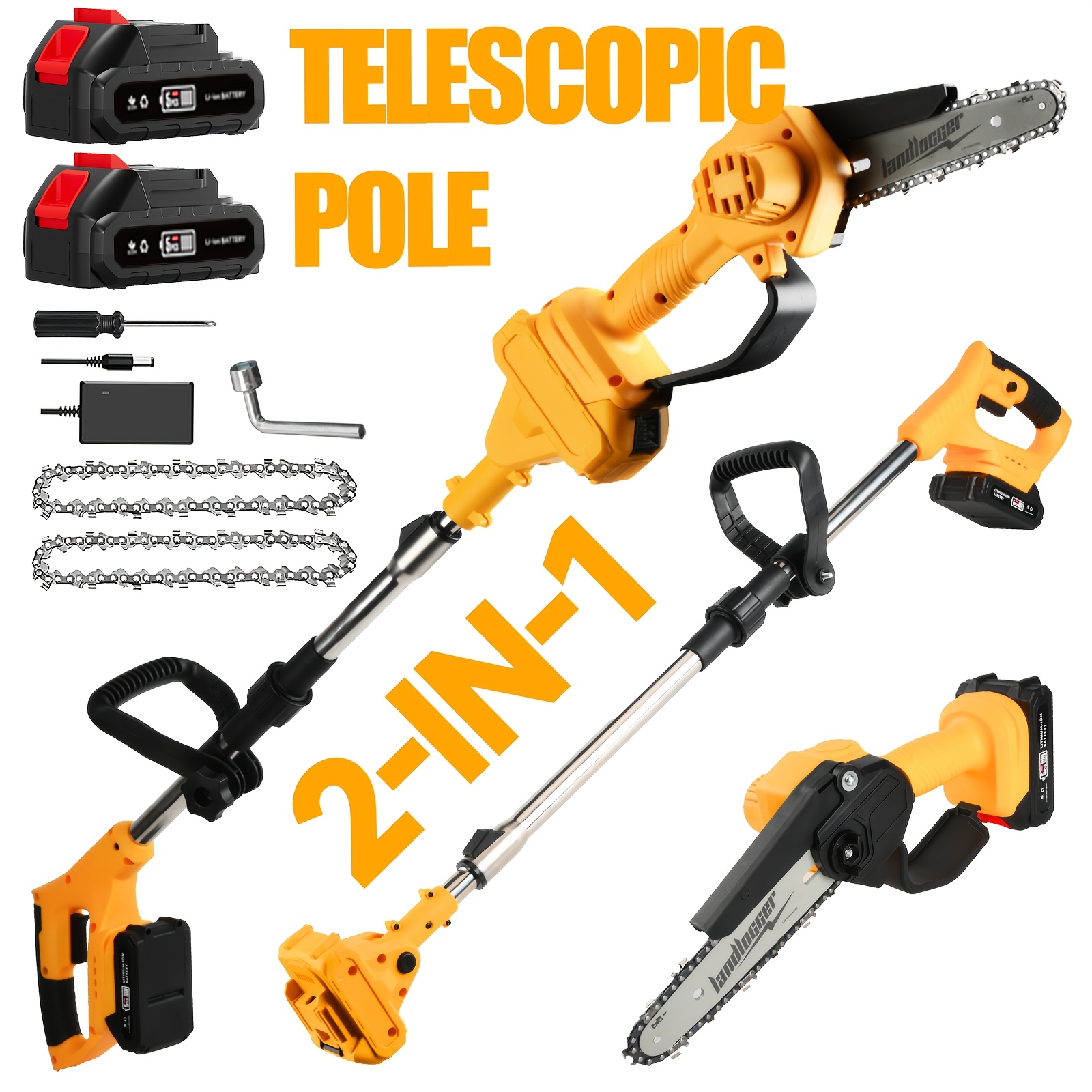 TEMU 2-in-1 Cordless Pole Saw | 20v 6-inch Brushless High Branch Pruner, Retractable Folding Saw, 66in Telescopic Length, For Tree Pruning &