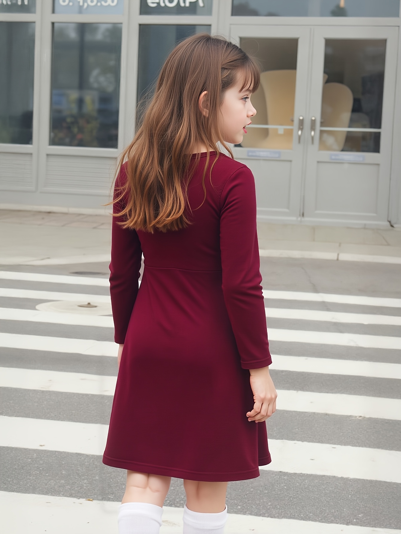 navy blue dress for baby girl Burgundy Formal Dress A-Line High Neck Long Sleeve Lace Maxi Dress –  chiclody main image 1