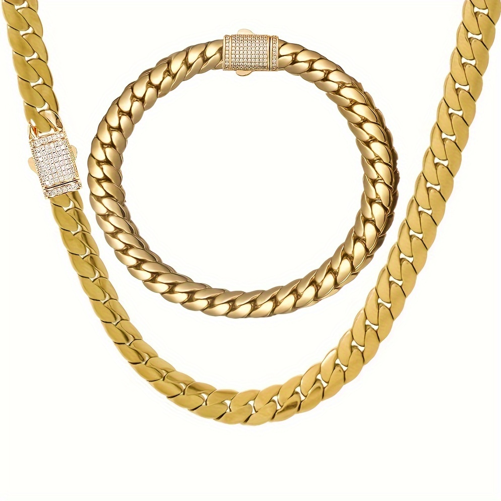 

2pcs Miami Cuban Link Chain Set For Men Hip Hop Jewelry 18k Gold Plated Stainless Steel Cut Faux Diamond Bracelet Necklace Set