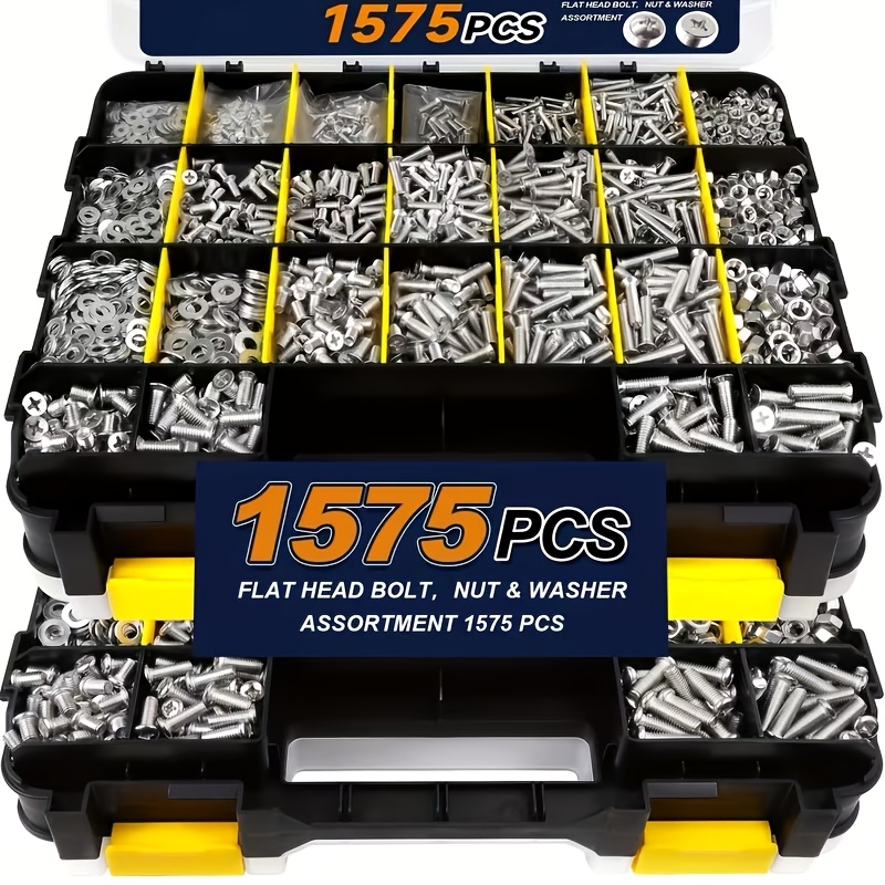 TEMU 1575pcs 304 Stainless Steel Screws Nuts Washers Assortment Kit, Cross Recessed Flat & Oval Head Bolts, Heavy Duty Double Sided Storage Case,