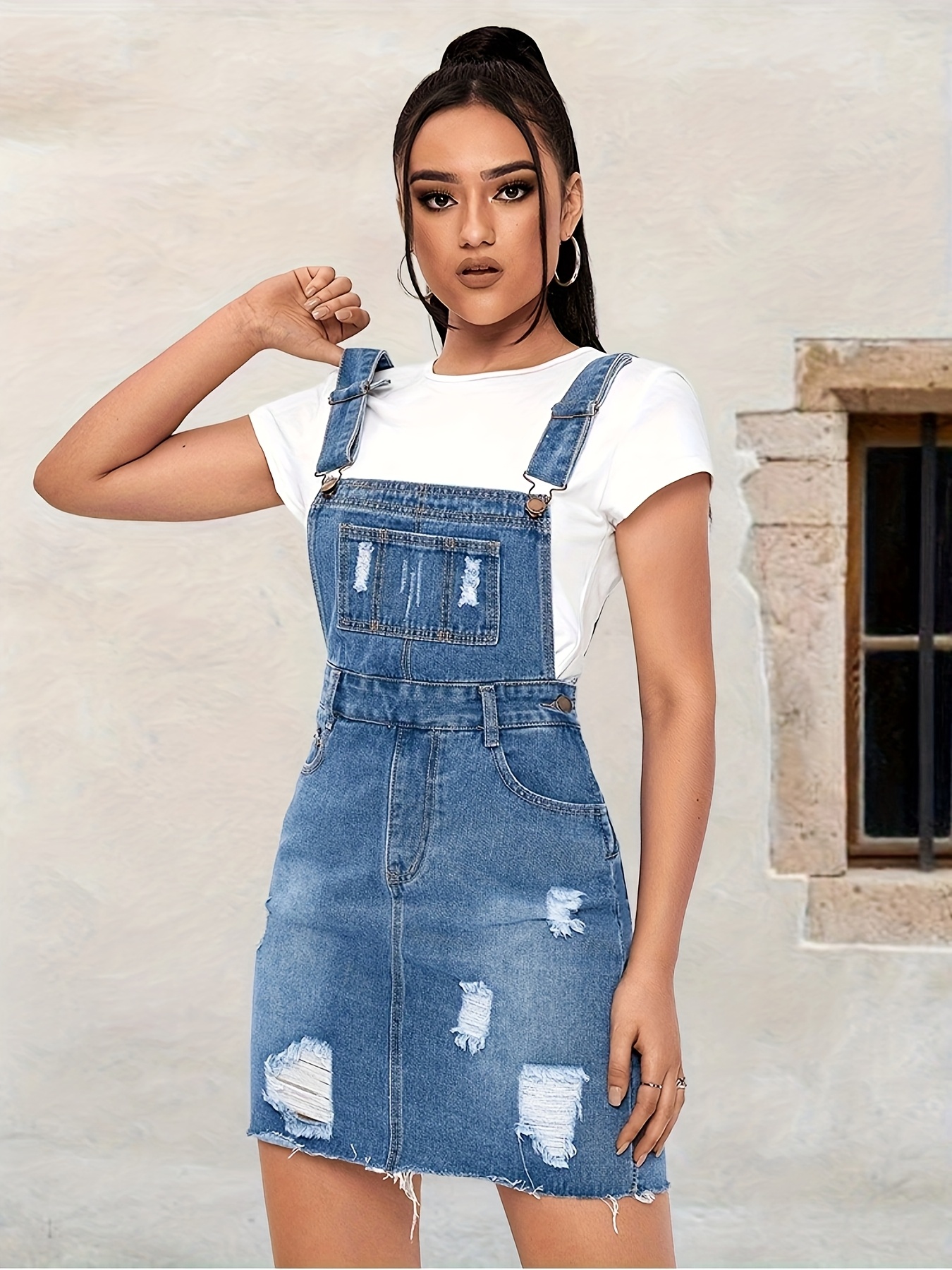 Moda Outfit Peto Mezclilla Vestido Peto Vaquero Desgastado Mujer