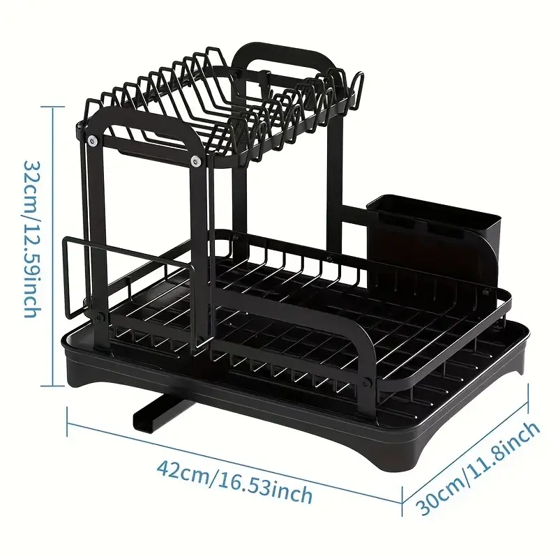 Support your kitchen with a spacious 2-tier dish drying rack, complete with a double dish rack, cup holder, cutting board, and black utensil organizer. Perfect for keeping your above sink kitchen countertop organized and efficient. détails 6
