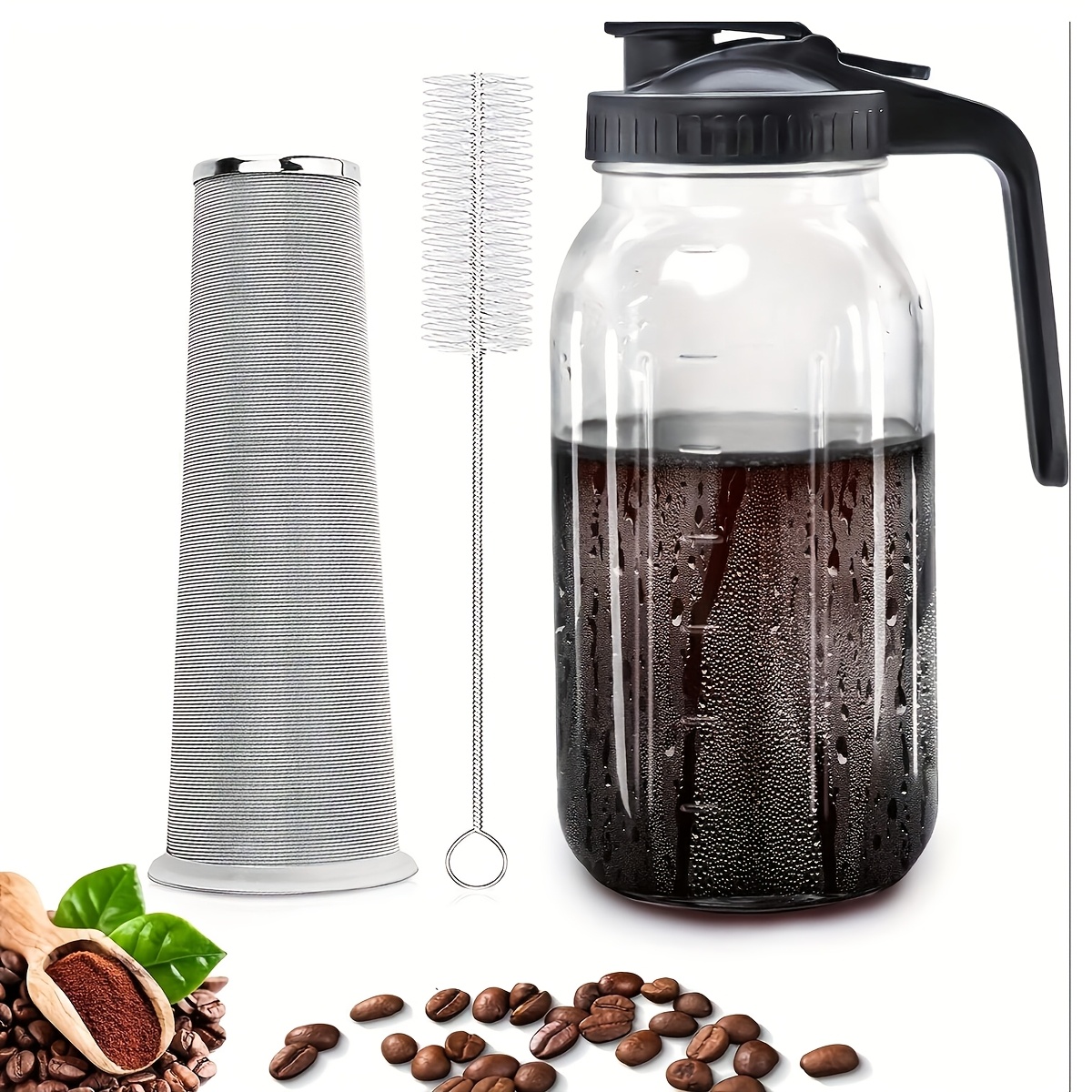 Image of Cold Brew Coffee Maker, 64 Oz Mason Jar Pot With Stainless Steel Filter, Pour Spout Handle Lid, Heavy Duty Glass Seal Leak Proof, Iced Coffee, Tea And Lemonade