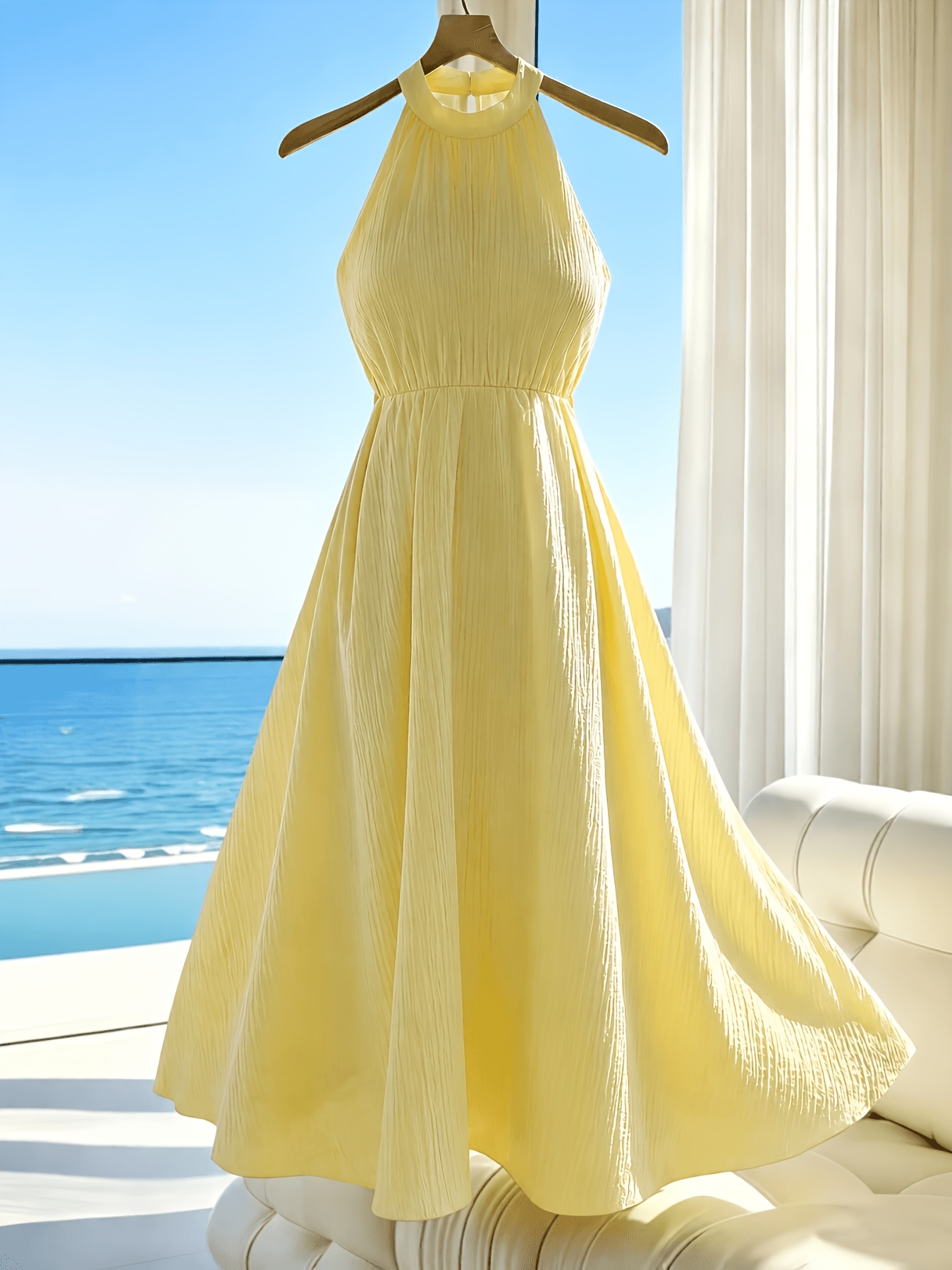 womens elegant textured pleated backless dress light yellow