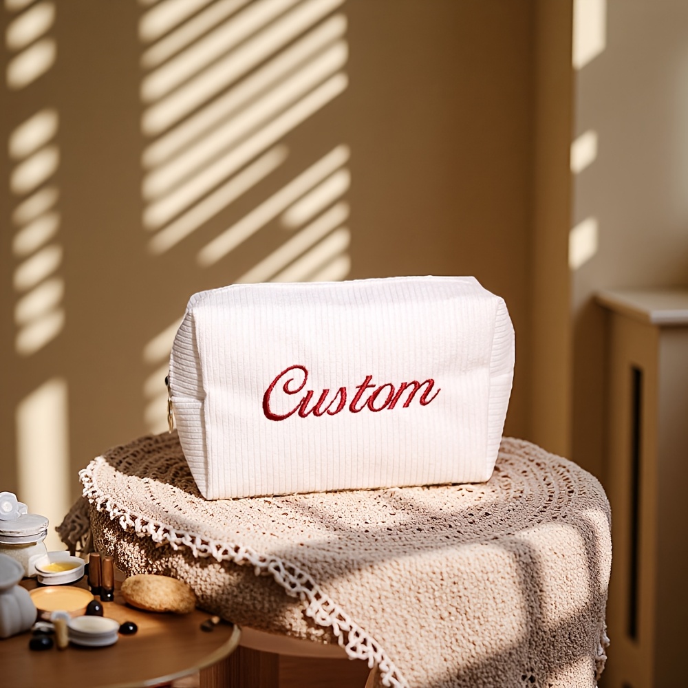 TEMU Custom Embroidered Large-capacity Personalized Corduroy Toiletry Bag, Featuring A Durable Metal Zipper, Customized With Embroidered Names/text