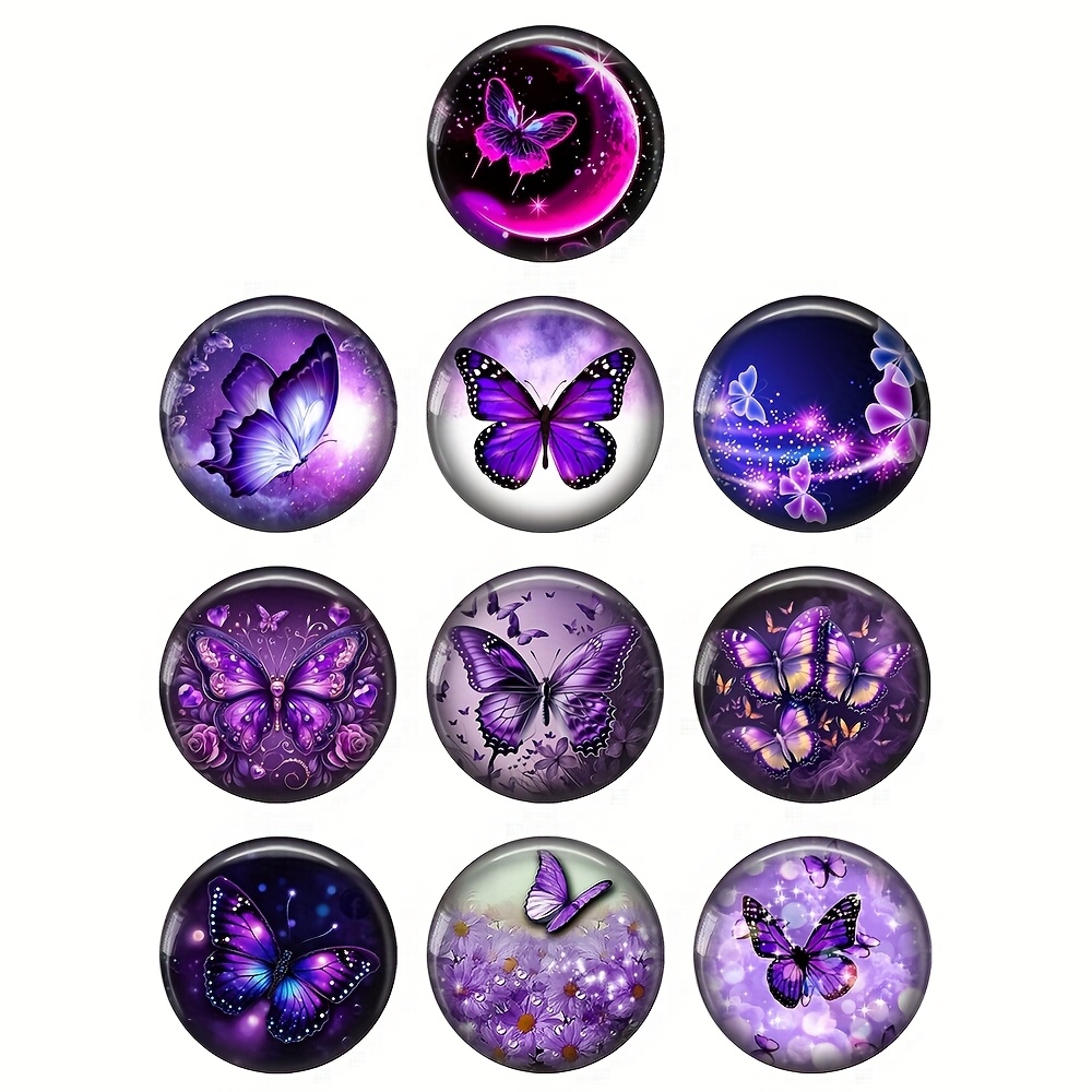 

[20/25mm Magic Purple Butterfly Glass Cabochons] Omgala Elegant Glass Cabochons, Magic Purple Butterfly Art, 20mm/25mm Round, Flat Back, For Jewelry Making, Pendants And Crafts