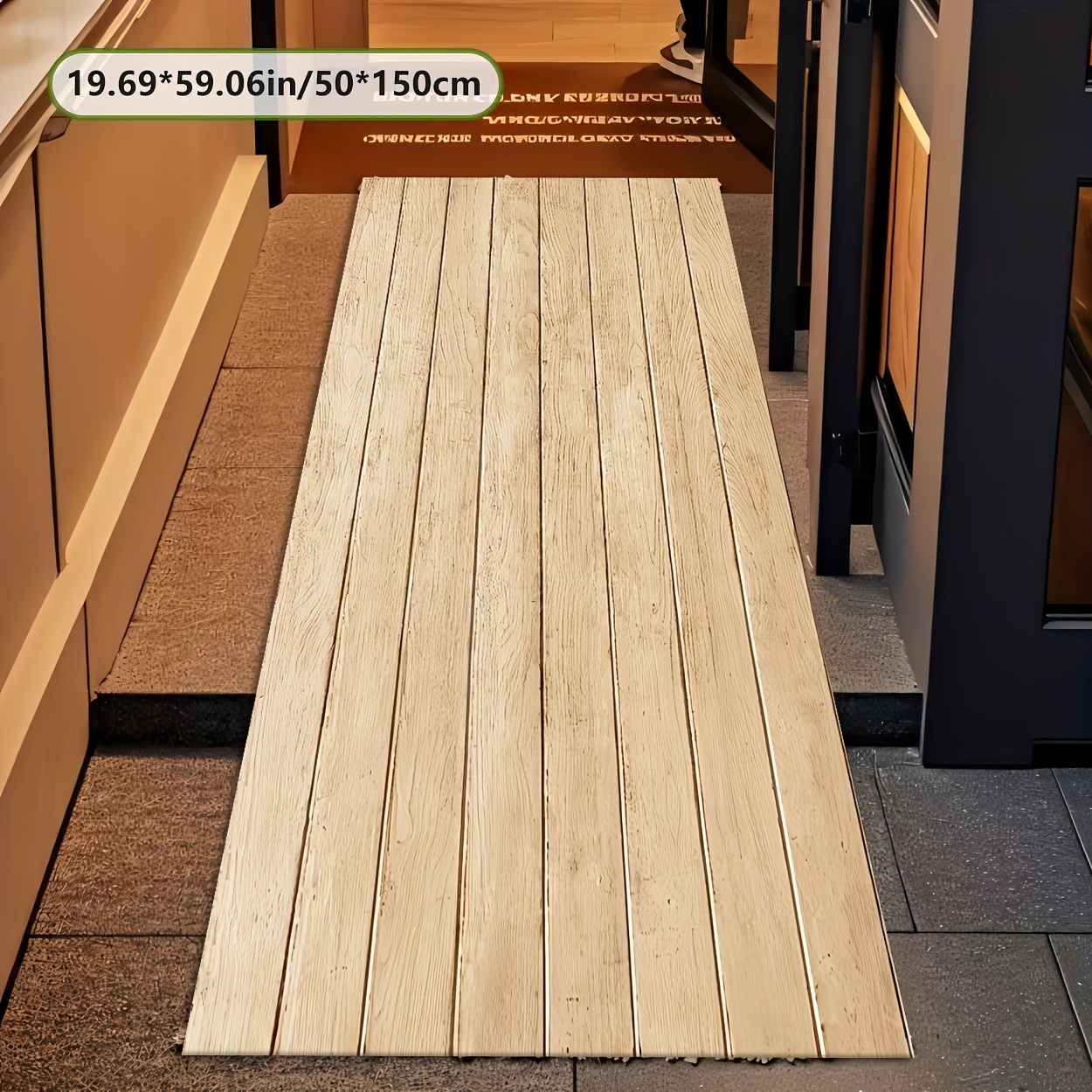 TEMU [ Product] Extra-long Floor Mat - Large Rectangular Light Beige Wood Grain Texture, With Anti-slip Dot Backing, Machine Washable Floor Mat,