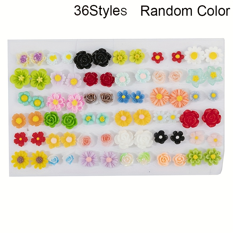TEMU 36/100 Pairs Random Color Resin 3d Flower Multi-style Macaron Color Elegant Stud Earrings, Romantic Wedding Party Decor Accessories, Plastic Ear