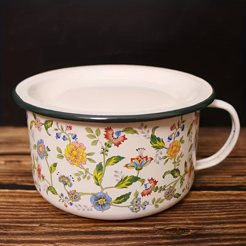 

Vintage Enamel Bowl With Lid - Floral Pattern, Ideal For Soup, Rice, Noodles - Butter Dish & Seasoning Bowl - Outdoor , Travel, And Celebrations, Bowls For Food