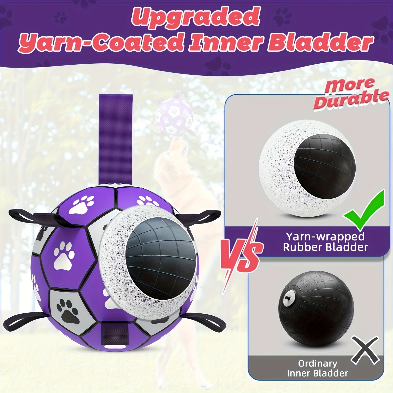 durable rubber dog soccer ball with straps interactive chew resistant pet toy for all breed sizes purple black with paw print design indoor outdoor play training dog ball toy large   2