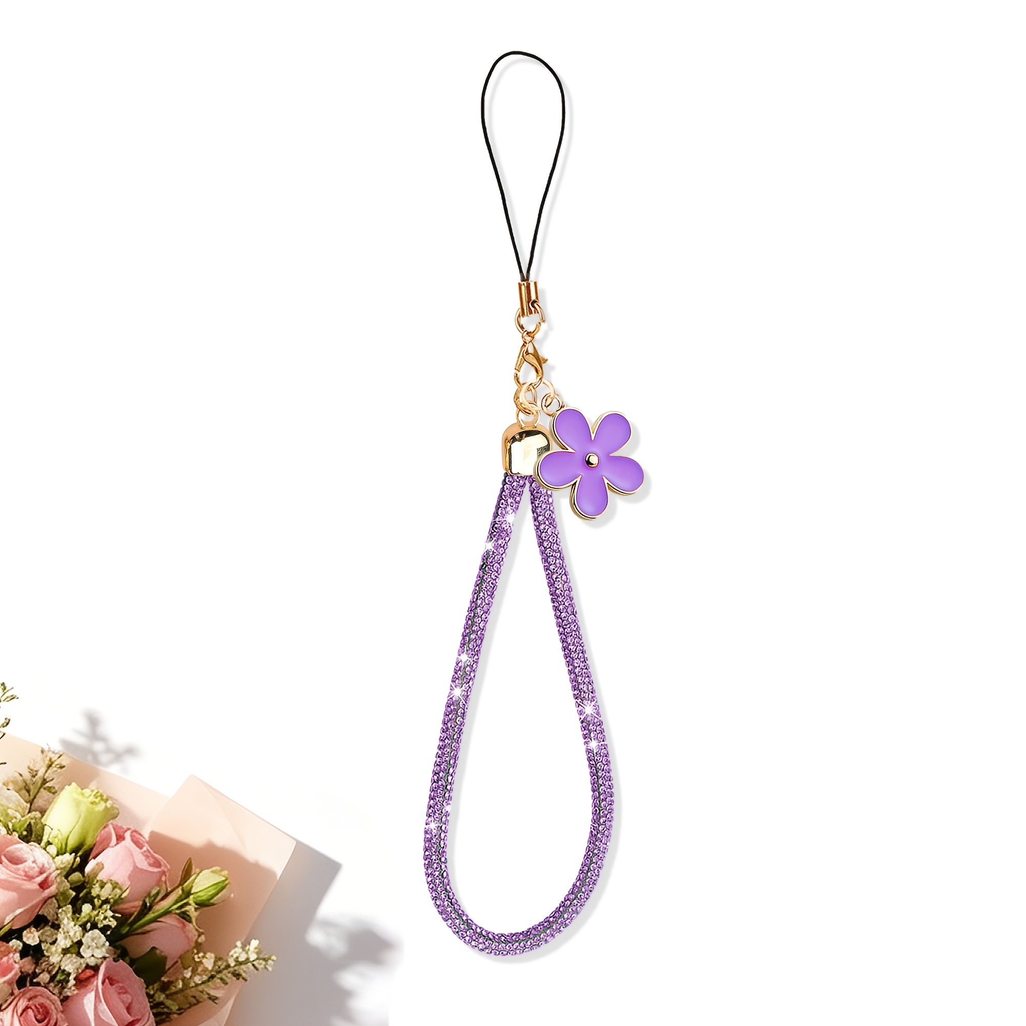 TEMU Juego de 1 correa de muñeca antipérdida con pedrería , cordón para teléfono, cadena para bolso, adorno para coche, decoración colgante de