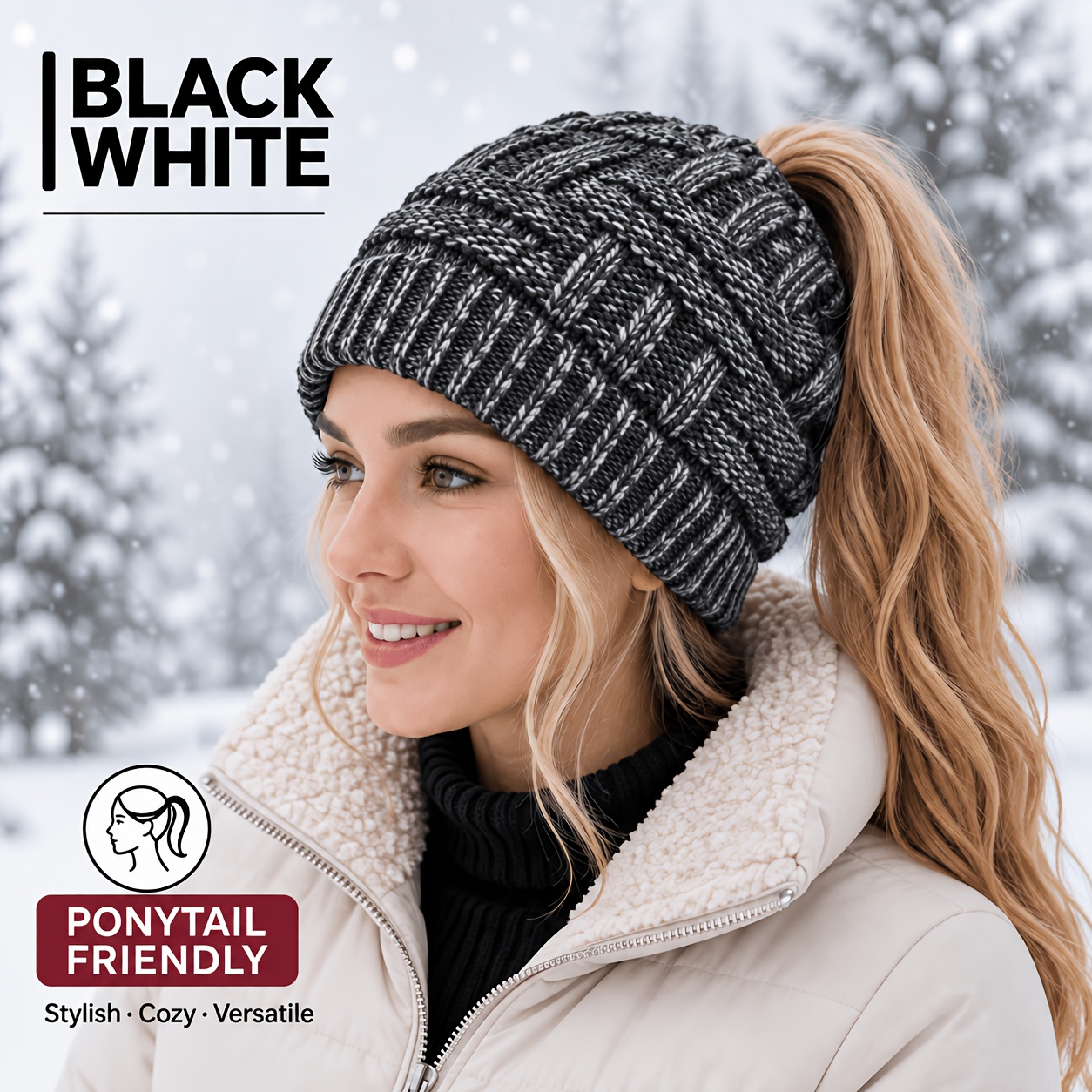 TEMU Chapeau d'hiver ample à queue de cheval pour femmes, bonnet épais en tricot, chapeau chaud et tendance pour l'extérieur - Chapeau chaud