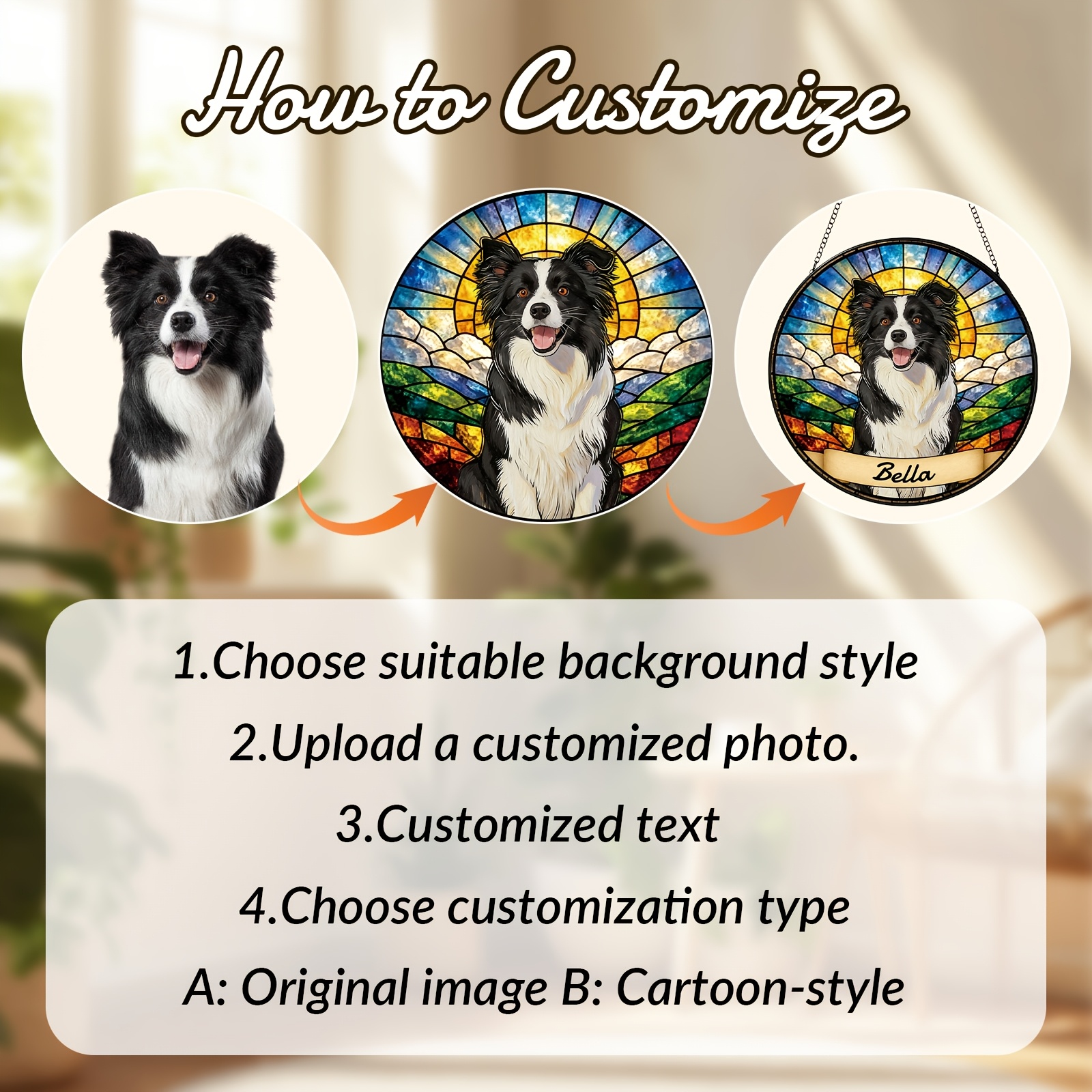 Personalized Dog Portrait Stained Sun Catcher - Custom Pet Memorial Gift with Your Dog' Name & Photo/Text, Suitable for Pet Lovers, Window Hanging Decor for,, or Pet Store Display - Sentimental