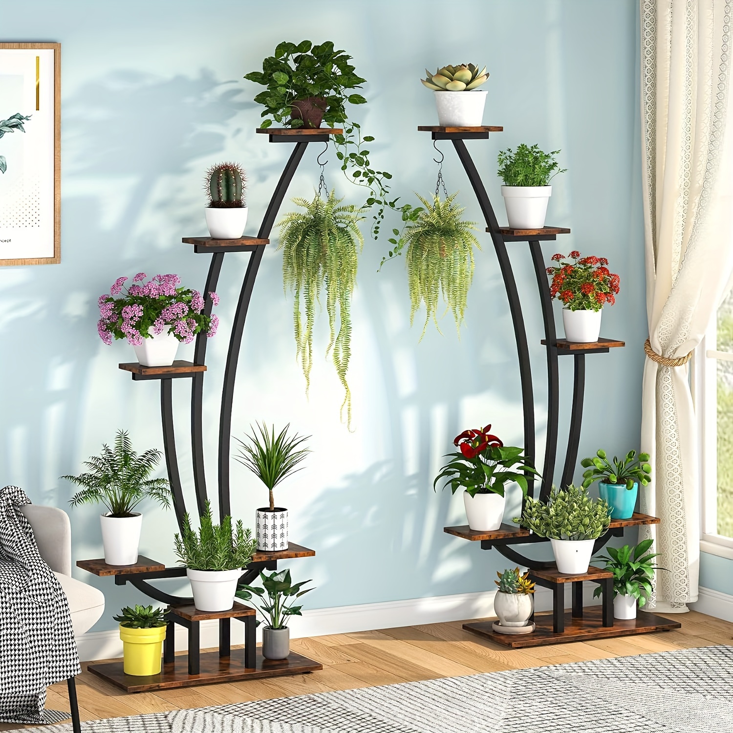 

Little Tree 6 Tier Plant Stand Pack Of 2, Multi-purpose Curved Plant Display Shelf With 2 Hanging Hooks, Bonsai Flower Pots Plant Stand Rack For Indoor Garden, Balcony