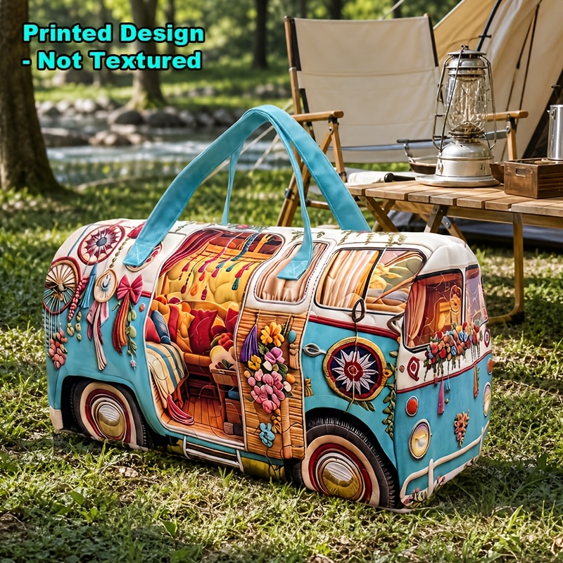 TEMU [printed Design - Not Textured], Cute Van And Flowers Graphic Printing Travel Tote Hippie Women Duffle Bags Outdoor Large Capacity Shoulder Bag