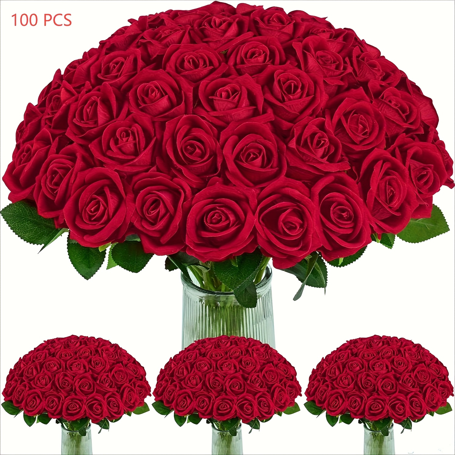 TEMU 50/100pcs Red Roses Artificial Flowers Bouquet, Real Touch Fake Roses White/black/pink/blue Artificial Roses Bouquet With Long Stems For Wedding