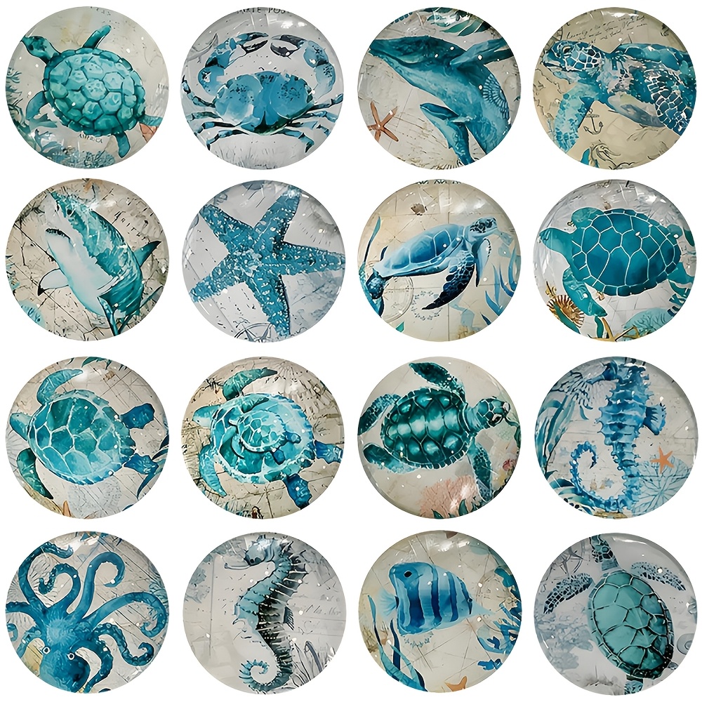 TEMU Blue Ocean Animal Pattern Refrigerator Magnets Turtle Crab Dolphin Starfish Seahorse And Other Glass Raised Material Kitchen Home Decoration
