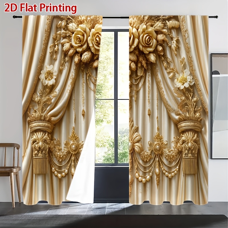 Image of 2d Flat - 2d Flat 2pcs Luxurious Golden Embossed Rose Tassel Curtains For Living Room Bedroom French Vintage Style Decor, High Definition Printing, Drapery Home Interior Decoration