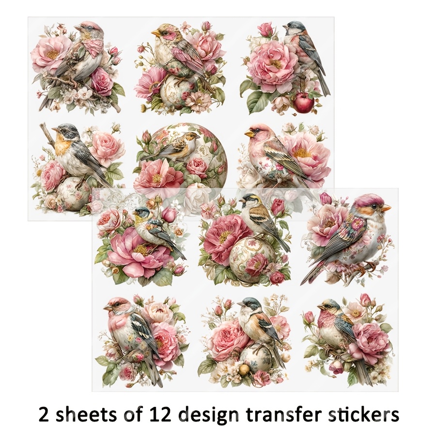 TEMU 2 Sheets Spring Summer Vintage Flowers Bird Floral Diy Uv Dtf Rub On Transfer Stickers Crafts, Junk Journal, Tumbler Glass Jars, Coffee Mugs Cup