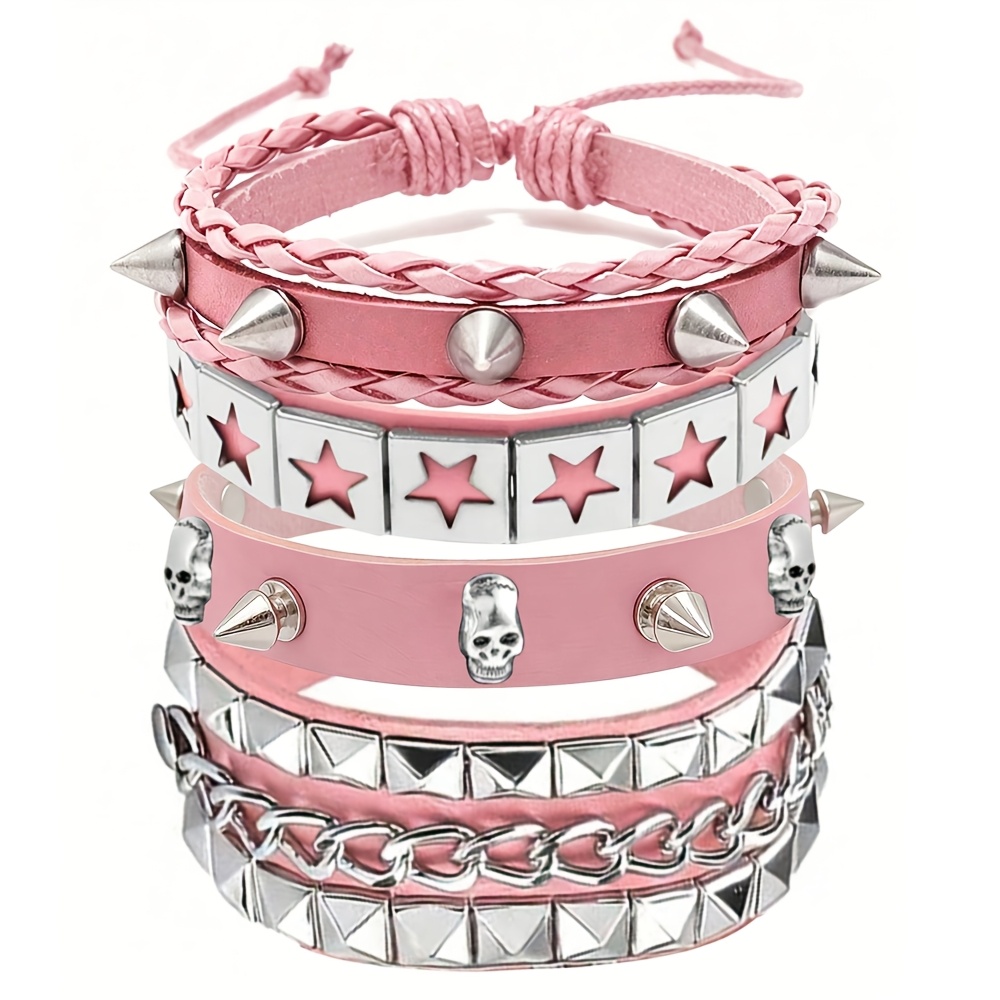 TEMU 4pcs/set Rock Gothic Rivet Pink Bracelet Wristband Set, Suitable For Women' Party Performance Wear, Christmas Valentine's Day Carnival Costume