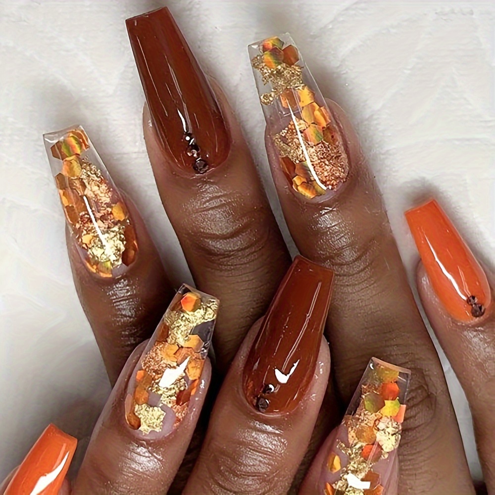 

24pcs Autumn-inspired Press-on Nails Set - Chocolate & Orange With Maple Leaf Design, Medium Coffin Shape For Women And Girls, Manicure