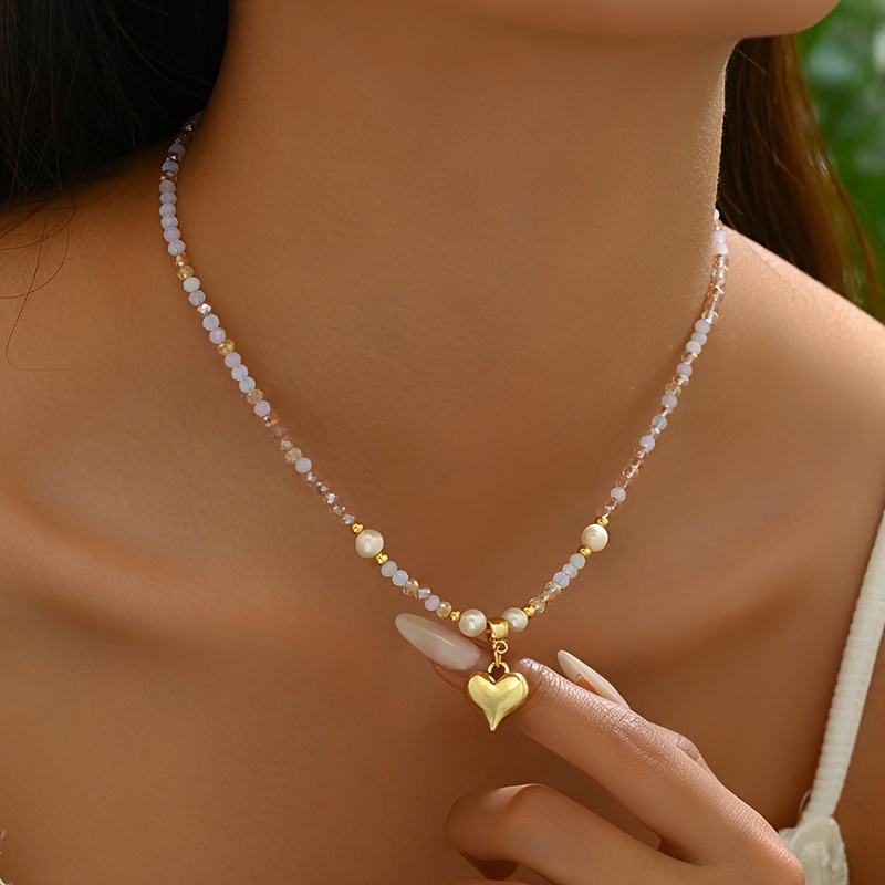 

Mini Love Heart Pendant Beaded Necklace With Faux Crystal Beads Elegant Neck Jewelry (random Color)