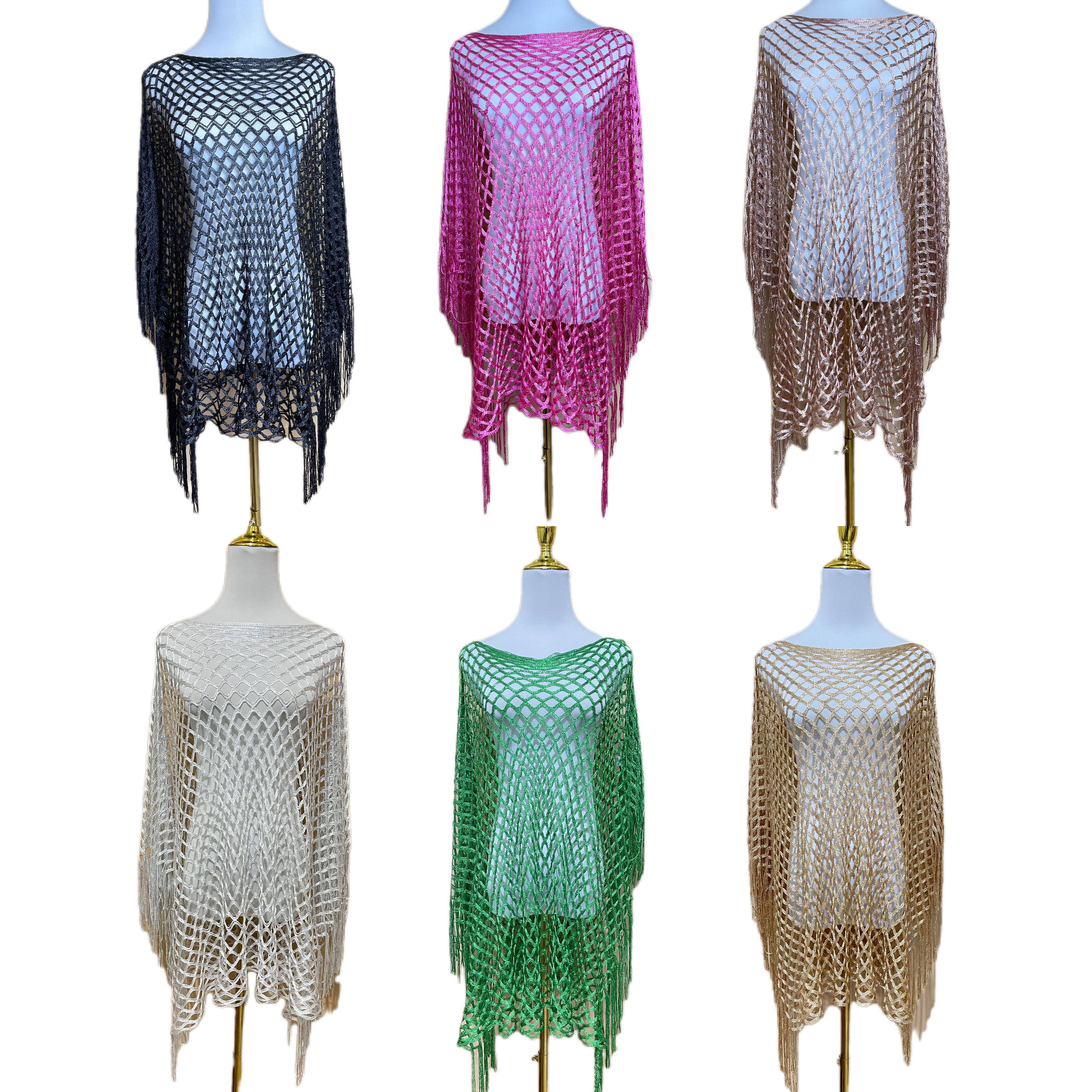 

Women's Spring/summer Knitted Hollow-out Shawls, Sparkling Metallic Tassel Trim, Mid-length Versatile Beach Wrap - Assorted Colors