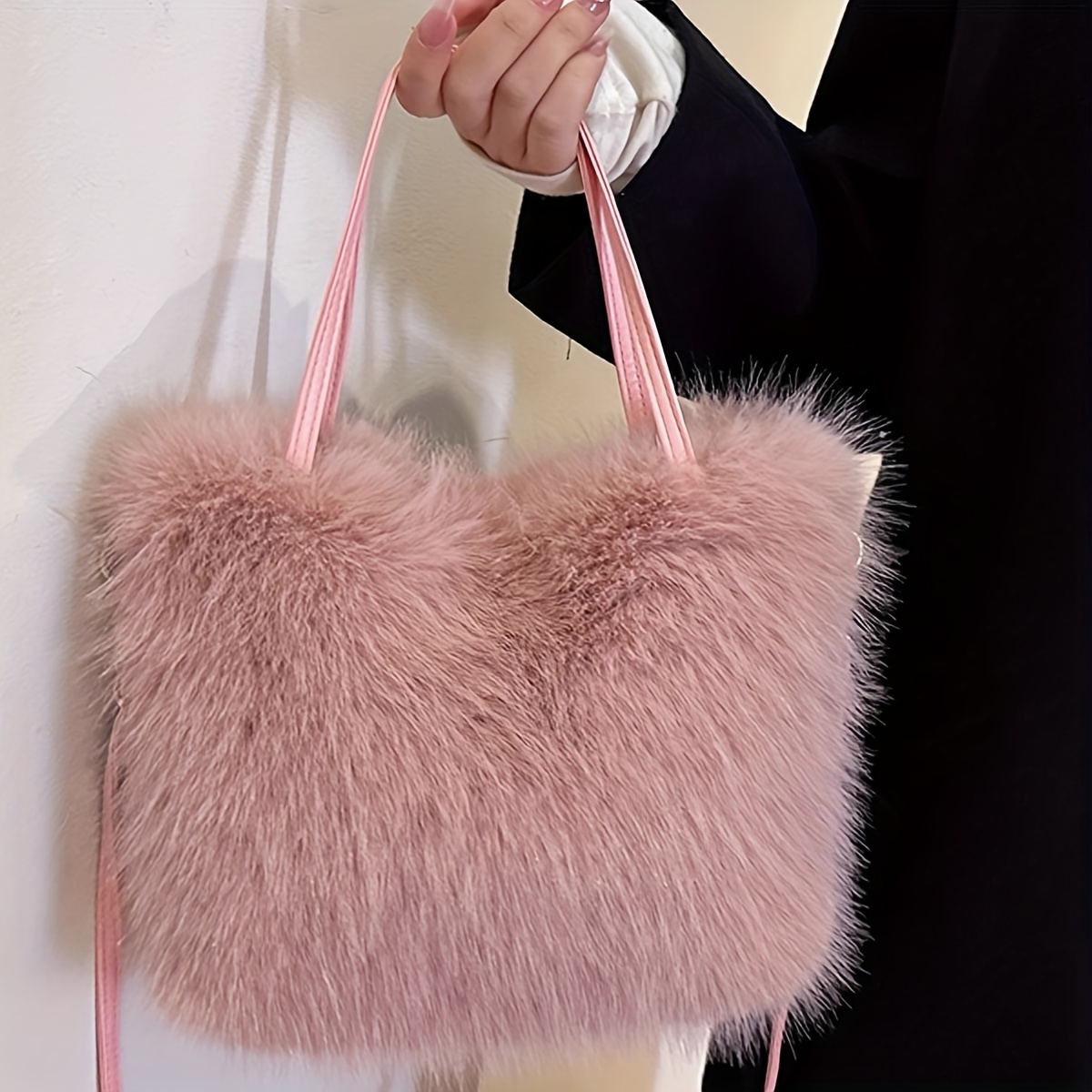   fur shoulder bag for women lightweight and stylish cute plush crossbody bag for autumn winter versatile   beige black options foldable no accessories included details 10