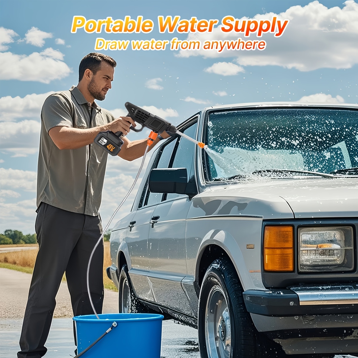 a high pressure car cleaning tool   with a 5500mah battery   with two batteries has a versatile 6 in 1 nozzle and a 5 meter hose   washing cars fences floors and for watering plants   a great present details 2