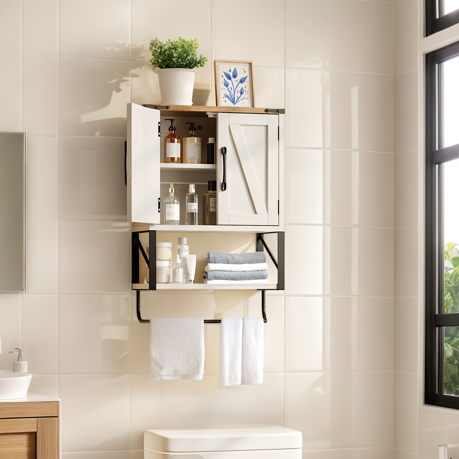 TEMU Bonnlo Farmhouse Bathroom Wall Cabinet With Tower Bar - Wall-mounted Adjustable Shelf, Classic , Space-saving Over-the-toilet Storage Organizer