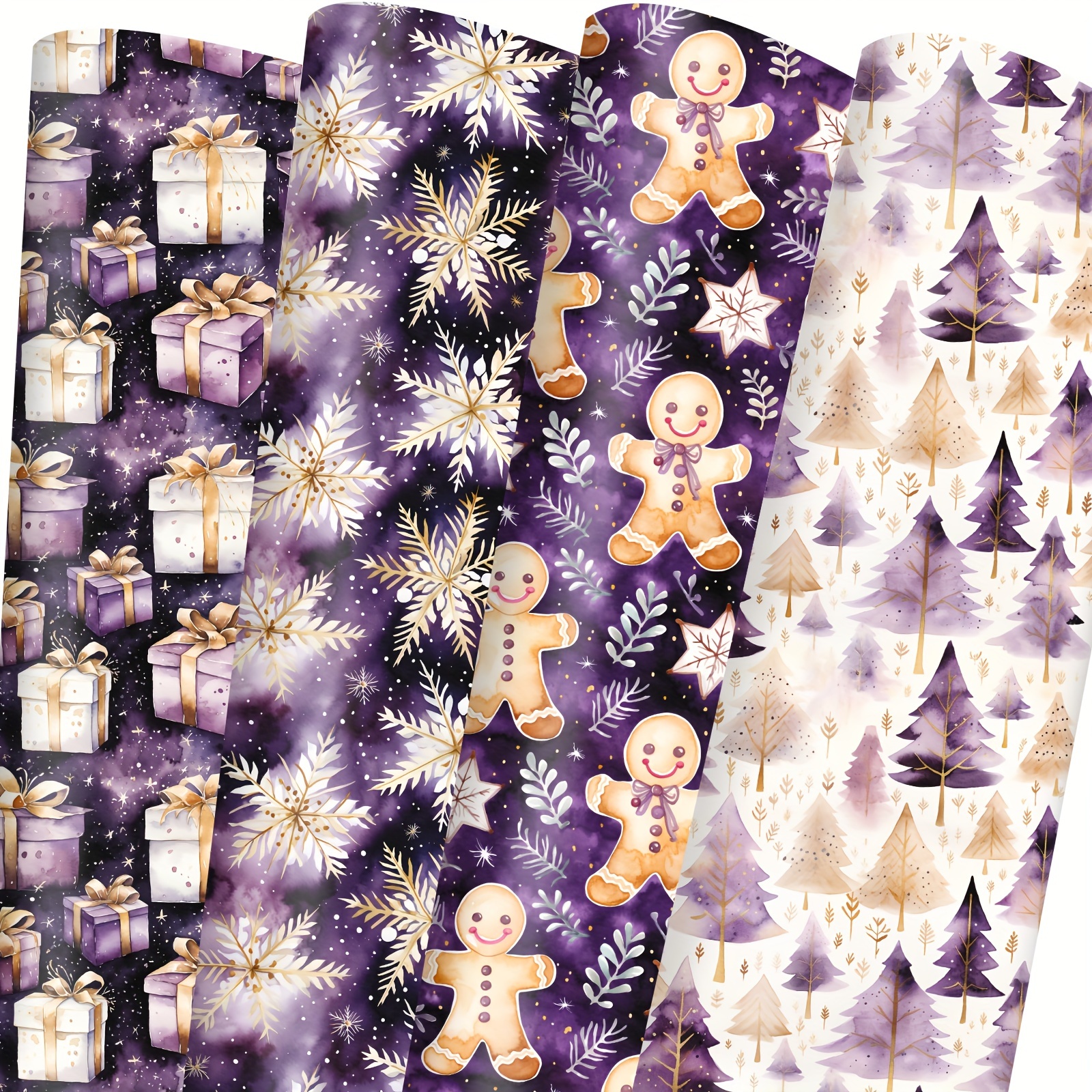 Image of 8pcs Purple Christmas Wrapping Paper Set With Snowman & Floral Designs - Festive Holiday Gift Wrap, No Accessories Included