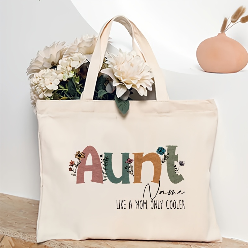 Image of 1pc Personalized Aunt Pattern Tote Bag Shoulder Bag For Women's Shopping Bag, Best Gift For Her, Trendy Folding Shoulder Bag Summer Beach Holiday Bag