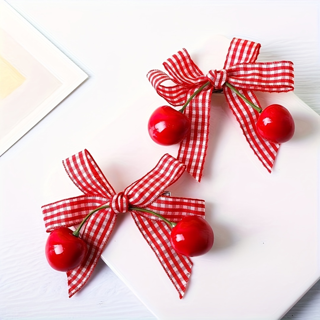 

2-pack Cute Cherry Hair Clips For Women, Sweet Style Hairpins Red Gingham Bow Versatile Daily Travel Wear Accessories