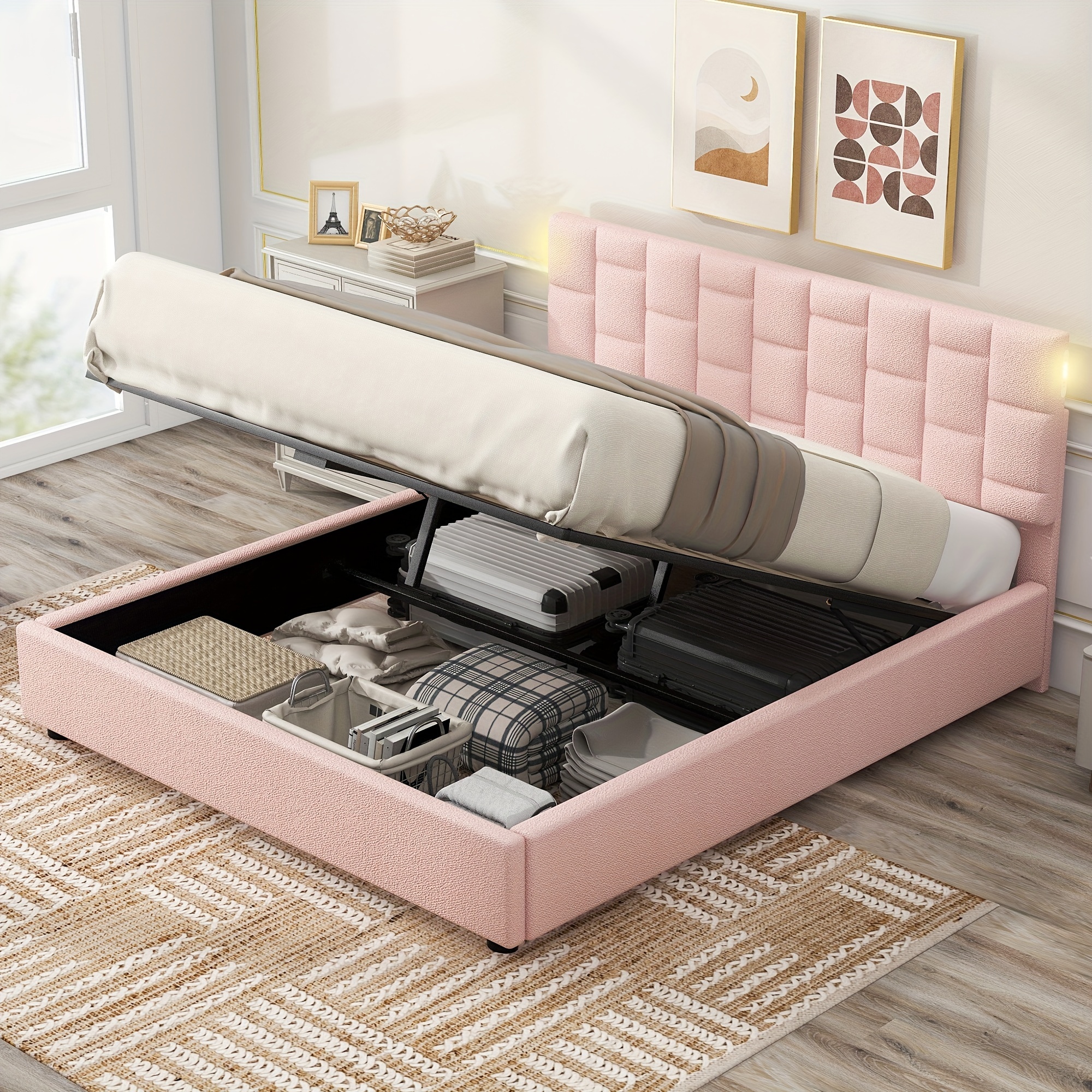 

Size Upholstered Platform Bed With Hydraulic Storage System, Bed Frame With Height Adjustable Headboard And Under-bed Storage Space (beige, Pink)