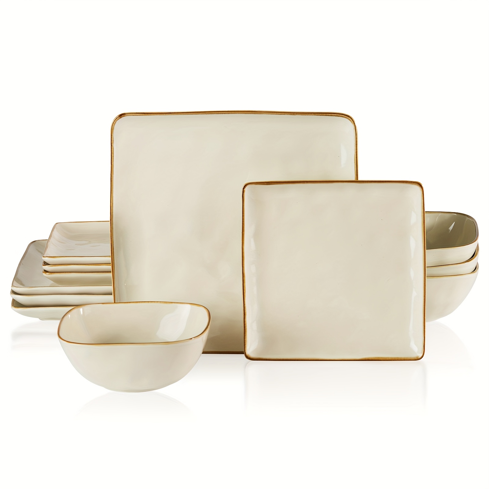 12pcs Square Kitchen Plates And Bowls Sets, Dinnerware Sets For 4, Microwave And Dishwasher Safe, Scratch Resistant, Dark Green