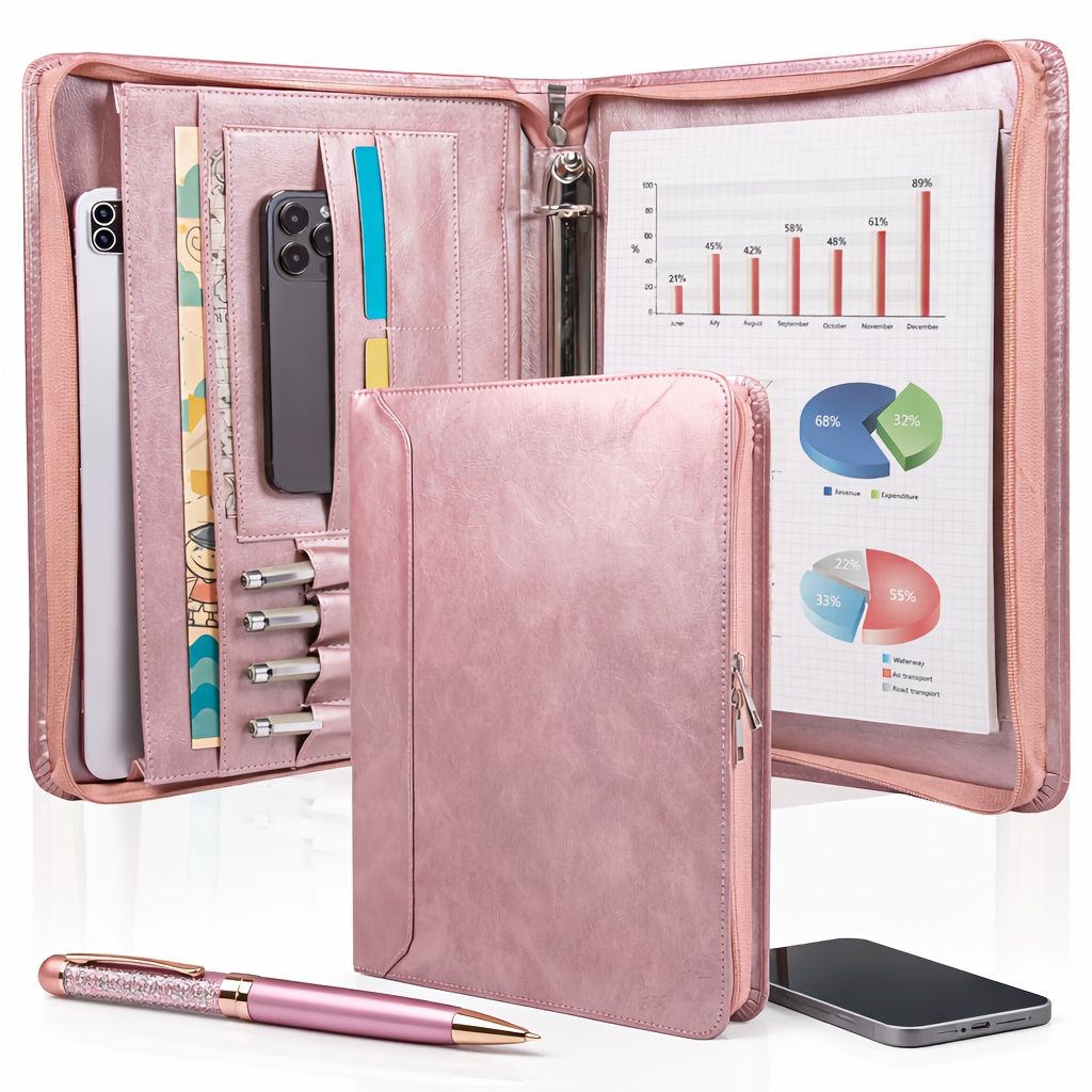 Image of Rose Golden Faux Leather Portfolio For Women, 3 Ring Binder Notepad Holder With Zipper, A4 Document Storage, Professional Business Portfolio Organizer, Women's Zipper Binder Briefcase, Gifts New Year